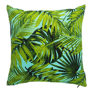 Aqua blue background brings the vibrant green of these palm fronds to life.  This outdoor cushion cover is perfect for any area.