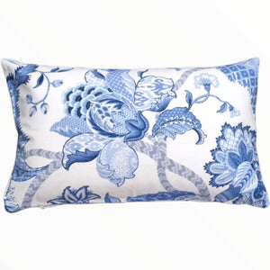 Crisp White and Blue Floral Hamptons Lumbar Cushion