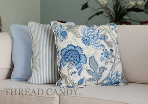 Light Grey/Blue Hamptons Striped Indoor Cushion piped with hamptons floral and baby blue linen cushions