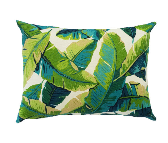 Aqua and Green Tropical Leaves Outdoor Lumbar Cushion Cover