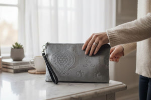 Embossed Silver Velvet Clutch
