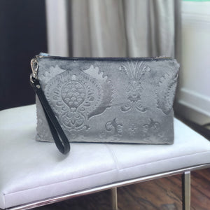 Embossed Silver Velvet Clutch
