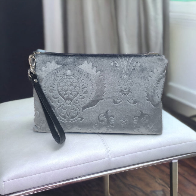 Grey velvet clutch bag online