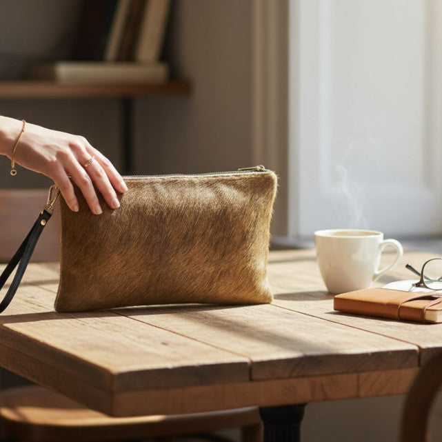 Embossed Tan Velvet Clutch