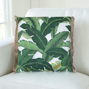 Green Tropical Palm Leaf Outdoor Cushion Cover - with Fringing