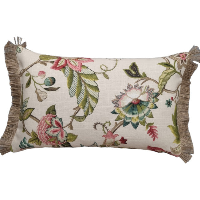 Raspberry Green Jacobean Rectangle Cushion Cover with Fringing