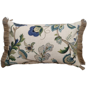 Sapphire Blue Green Jacobean Rectangle Cushion Cover with Fringing