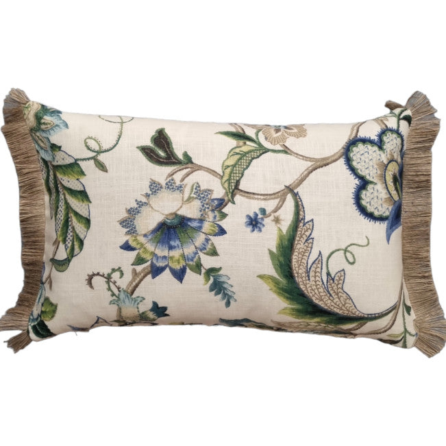 Sapphire Blue Green Jacobean Rectangle Cushion Cover with Fringing