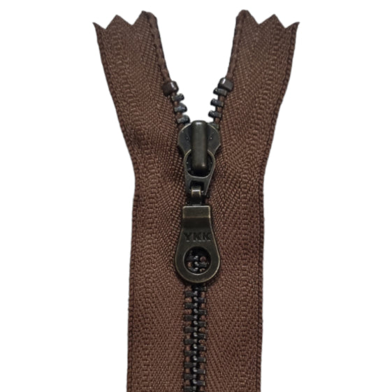 YKK Metal Zip Chestnut Brown with Bronze (Brass) Donut Pull #4.5 - Colour 033