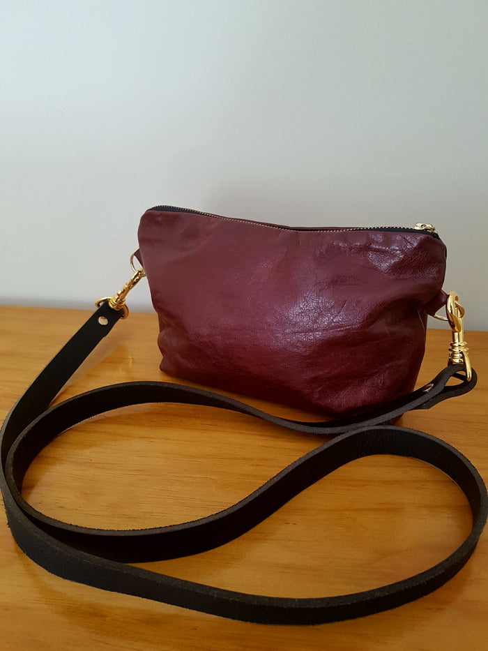 Dark Brown Leather Handbag or clutch - flat bottom includes strap