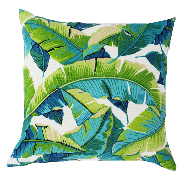Aqua and Green Tropical Leaves Outdoor Cushion Cover