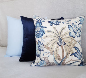 Hamptons Style Palm and Royal Blue Velvet Indoor Cushion Cover