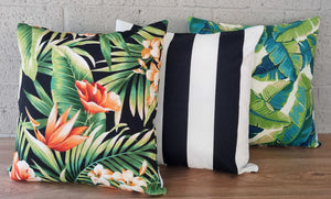 Hibiscus flowers and green palms outdoor cushions