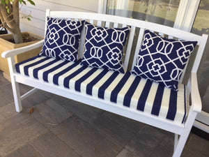 Custom bench seat in blue and white stripe and blue and white geometric
