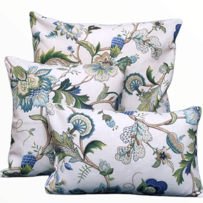 Sapphire Blue Green Jacobean Floral Indoor Cushion Cover