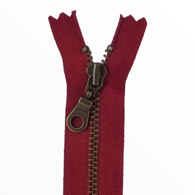 YKK Metal Zip Cranberry Red with Bronze (Brass) Donut Pull - Colour 520