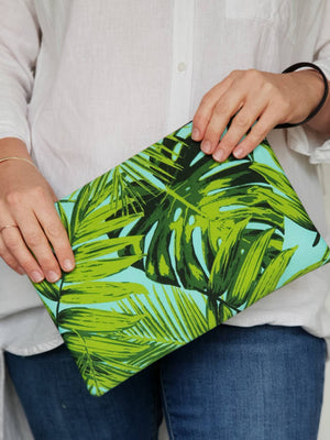 Aqua fonds fabric clutch