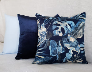 baby blue linen and royal blue velvet and blue tropical fronds tommy bahama cushions