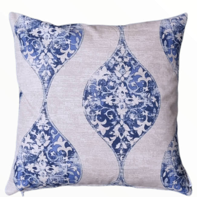 Beige and Blue Damask Indoor Cushion Cover