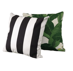 black and white stripe and swaying palms outdoor cushion covers