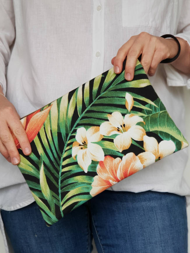 ON SALE Black Hibiscus Floral Fabric Clutch