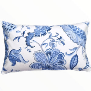 Crisp White and Blue Floral Hamptons Rectangle Cushion