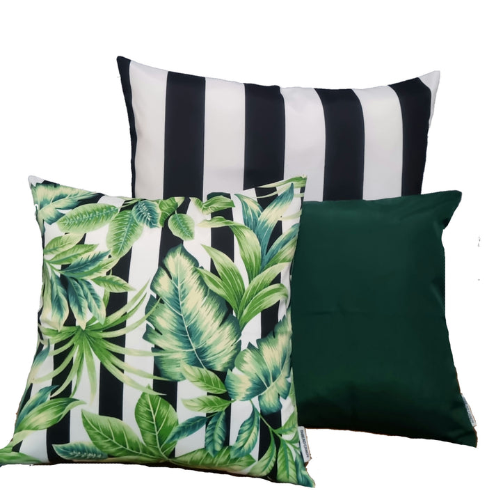 Black Stripe Green Palm Outdoor Cushion Cover