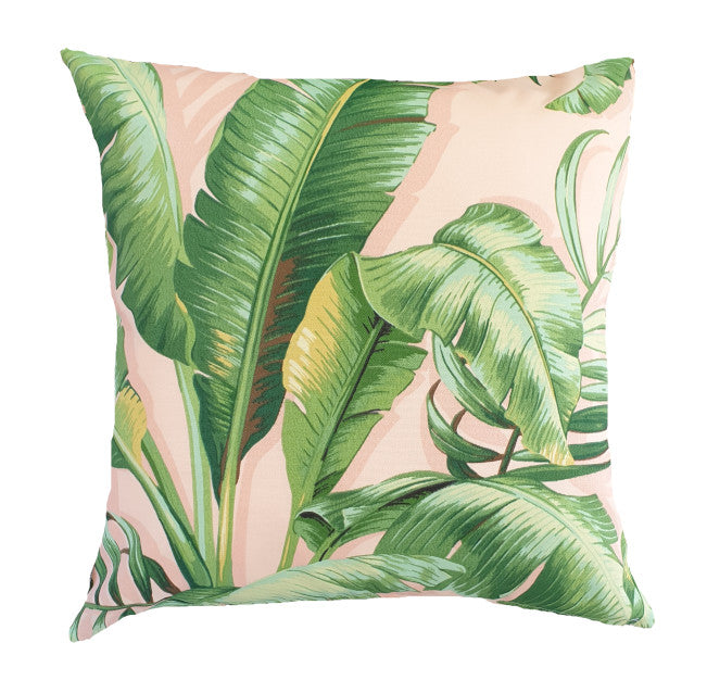 Green and Pink Tropical Banana Leaves Outdoor Cushion Cover