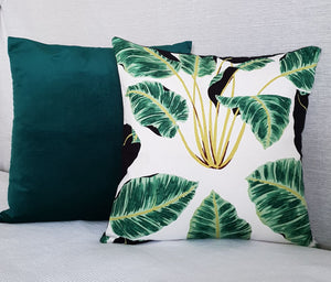 Green velvet cushion and green and black tropical leaves indoor cushion covers