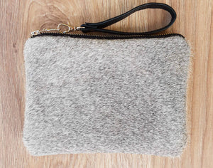 Grey and white cowhide mini clutch