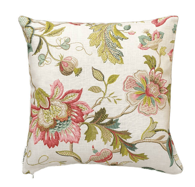 Raspberry Green Jacobean Floral Indoor Cushion Cover