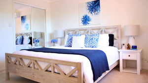 Blue and white hamptons styled bedroom 