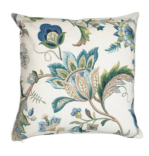 Sapphire Blue Green Jacobean Floral Indoor Cushion Cover