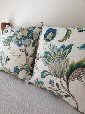 Sapphire Blue Green Jacobean Floral Indoor Cushion Cover